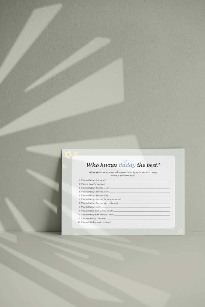 Card with baby shower game Who knows Daddy the Best editable template baby shower game in Canva